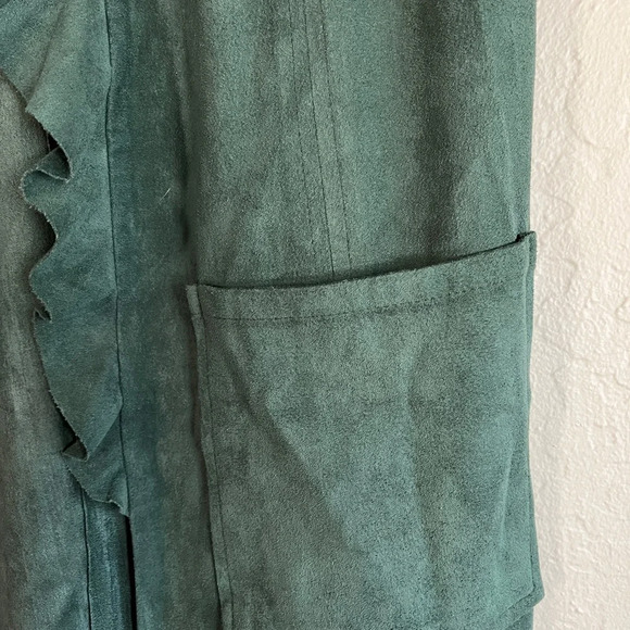 Anthropologie Moon River Green Faux-Suede Long Vest Pockets Ruffle Collar Size S - Picture 6 of 7